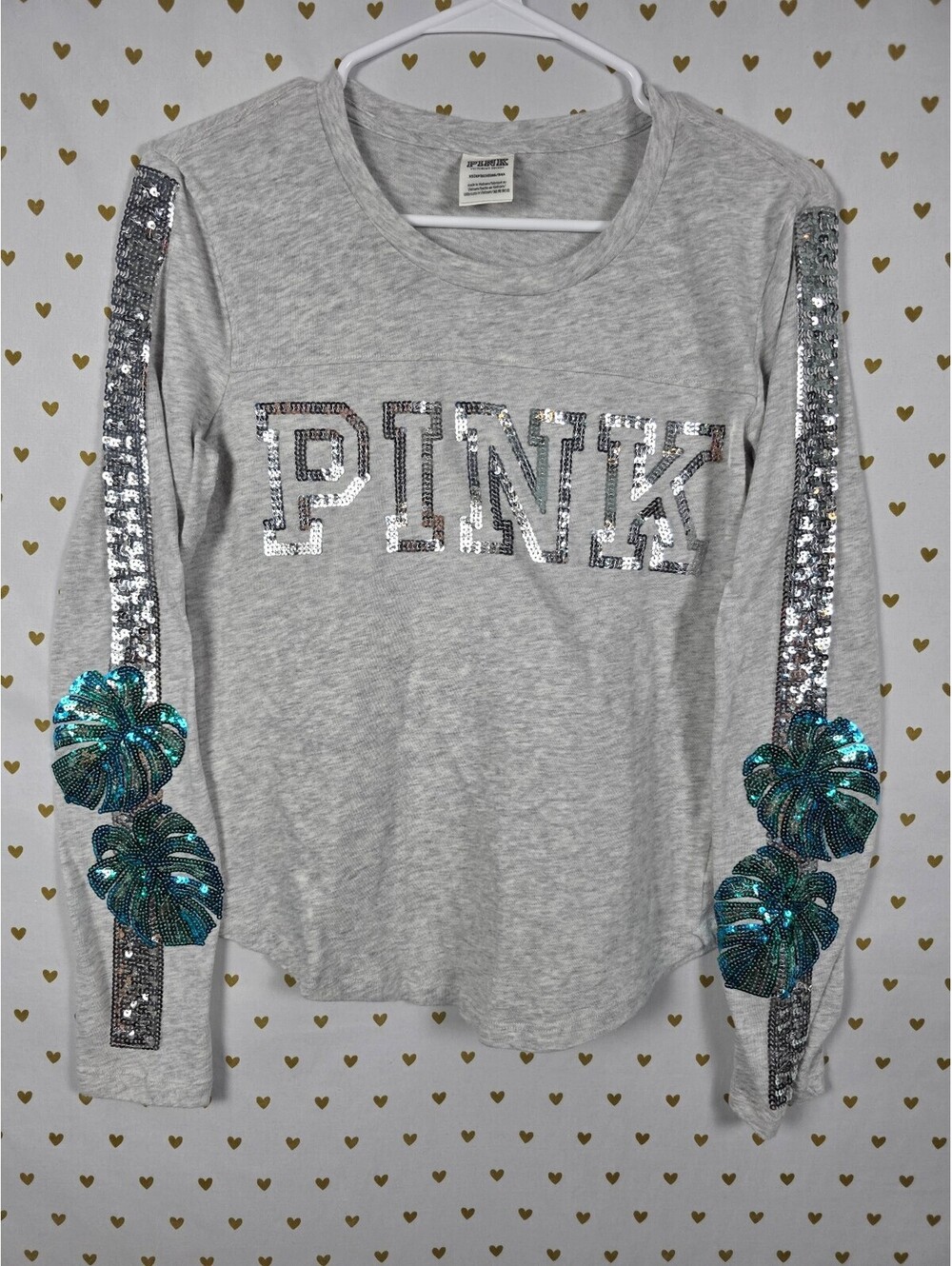 PINK Victoria's Secret Silver Sequin Tropical Leaf Bling Shirt XS Gray
